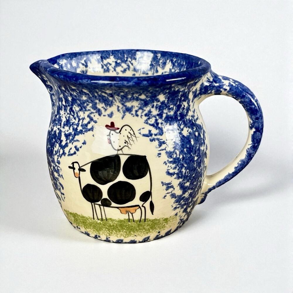 Vintage Molly Dallas Blue Spatterware Pottery Pitcher Cow & Chicken Folk Art 5″